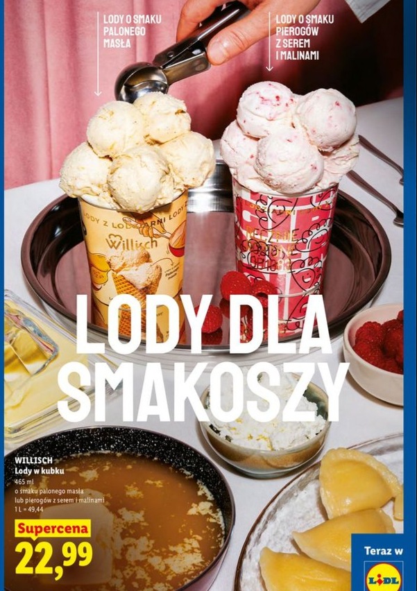 lody w kubku o smaku palonego masła lub pierogów z serem i malinami