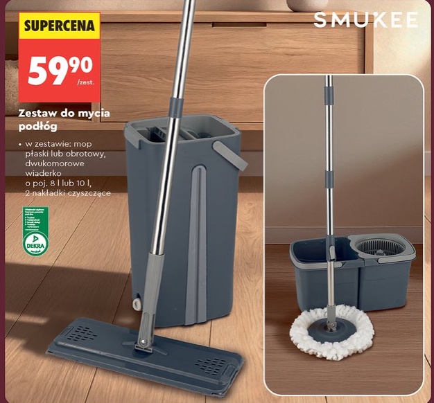 zestaw do mycia podłóg z mopem płaskim lub obrotowym i dwukomorowym wiaderkiem 8l lub 10l