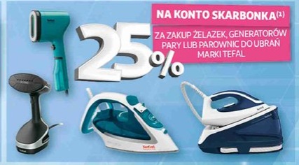 Żelazka, generatory pary lub parownice do ubrań marki Tefal — 25% na konto Skarbonka