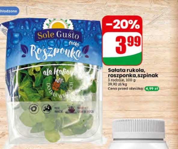 sałata roszponka, rukola, szpinak