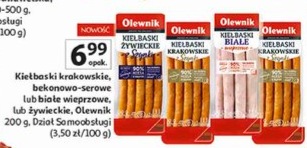 Kiełbaski krakowskie, bekonowo-serowe lub białe wieprzowe, lub żywieckie