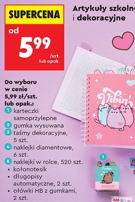 Karteczki samoprzylepne, gumka wysuwana, taśmy dekoracyjne, naklejki diamentowe, naklejki w rolce, kołonotesik, długopisy automatyczne lub ołówki HB z gumkami