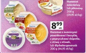 Hummus z suszonymi pomidorami i bazylią, z papryczkami chipotle, z oliwą z oliwek, lub dip baba ganoush